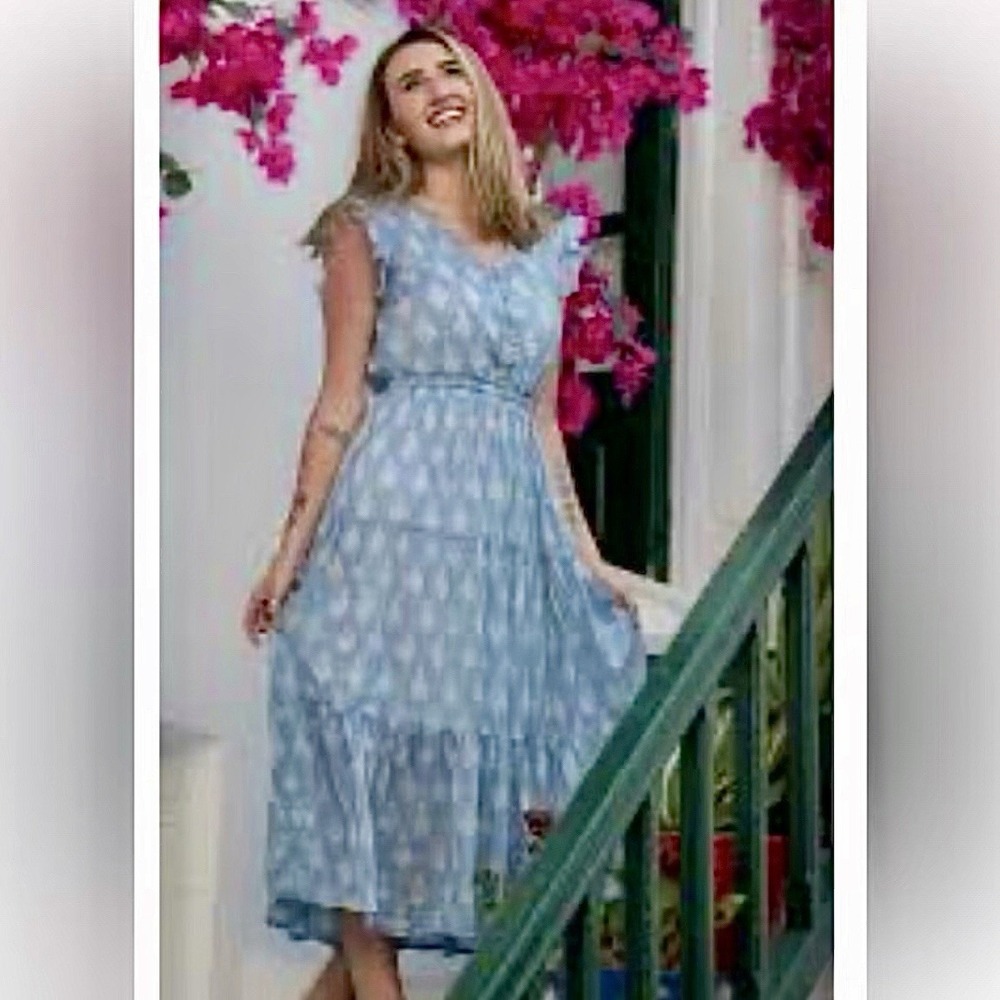 Chelsea & Theodore Blue White Geometric Midi Dress Medium‎ Cottagecore